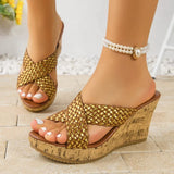 Gold Woven Wedge Heeled Sandals Women 2026 Summer Cross Band Platform Slippers Woman Plus Size 43 Peep Toe Thick Sole Sandals