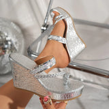 Fashion Crystal Wedges Heels Sandals Women Woven Clip Toe Chunky Platform Sandles Woman Summer Gold Silver High Heeled Slippers