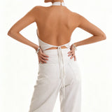 Women’s Solid Color Satin Cowl Neck Halter Tops Summer Fashionable Backless Slim Fit Going Out Vest
