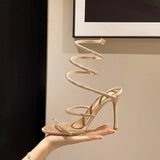 High Heels Sandals Women Shiny Ankle Snake Shaped Winding Party Shoes Sexy Thin Heels Open Toe Sandalias