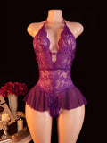 Women's Lace Bodysuit Halter Neck Deep V Backless Floral Sheer One Piece Lingerie with Ruffle Skirt for Nightwear