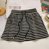 Women's Black White Striped Mini Skirt Drawstring Elastic High Waisted Sports Skirt Summer New Korean Style Sports Skirts 2026