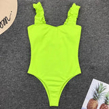 Sexy White Frill Trim Ruffled Ribbed Female Swimwear One Piece Swimsuit Women Monokini High Cut Bather Bathing Suit Swim Lady