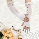Women Y2K Arm Warmers Bow Hollow Out Fingerless Gloves Lolita Elbow Frill Length Sleeves Cuffs Covers