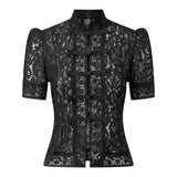 Summer Women's Retro Shirts Sheer Lace Blouse Elegant Stylish Button Down Short Sleeve Tops Casual Sexy