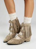 Women's Vintage Fringe Summer Ankle Boots Bohemian Buckle Straps Pointed Toe Ethnic Tassel Hollow Out Western Cowgirls Shoes