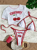 Cherry Print Mesh Short Sleeve Bikini Female Swimsuit Women Swimwear Three-pieces Bikini Set Micro Bathing Suit Swim Beachwear