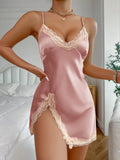 Summer Sleepwear Contrast Lace Silk Satin Nightdress for Women Deep V Backless Lace Up Split Slip Sleep Dress Nightgown