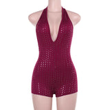 Sexy Halter Backless Rompers Short Jumpsuit Wine Red Black Deep V-neck Backless Lace-up Rhinestones Playsuit Female Bodysuit
