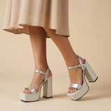 Silver Women Sandals Square Toe 12.5cm High Heel 4.5cm Platform Buckle Strap Large Size 43 44 45 46 Sexy Dating Shoes