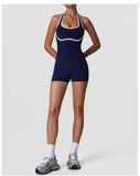Color Blocking Yoga Jumpsuit Women Sleeveless Hollow Out Backless Slim Sports One Piece Short Suit Gym Running Fitness Rompers