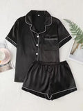 Summer Silk Satin Pajamas Set Womens Short Sleeve Turn-down Collar Button Top & Shorts Sleepwear Loungewear Nightwear