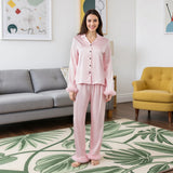 Women Satin Fall 2 Piece Pajama Set Fuzzy Trim Long Sleeve Button-up Tops and Elastic Waist Pants Casual Sleepwear Outfit