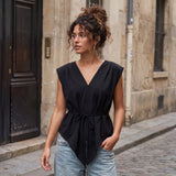 Fashion Women Sleeveless Blouse Waist Tie-ups V Neck Loose Fit Irregular Tops Club Party Street Shirts Summer Solid Color