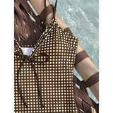 S - XL Striped Plaid V Neck Women Swimwear One Piece Swimsuit Female Frilled High Leg Cut Padded Bather Bathing Suit Swim V8288