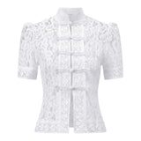 Summer Women's Retro Shirts Sheer Lace Blouse Elegant Stylish Button Down Short Sleeve Tops Casual Sexy