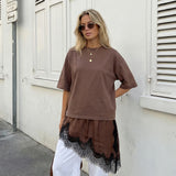 Women 3/4 Length Sleeve Crew Neck Casual Loose Fit Long Tops Summer Lace Patchwork Hem Solid Color T Shirts