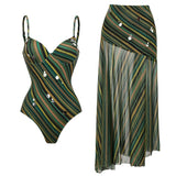 Women Swimwear 2PC Cover-up Swimsuit Ruffle Dongbei Printed Deep V One-piece Monokini Kimono Bikini Suit Summer Beachwear