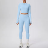 New Women Yoga Set Solid Color Double-Sided Brushed Bare Feel Short Long-Sleeve Jacket Tight Pants Running Fitness 2-Piece Set