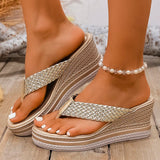 Gold Woven Wedges Flip Flops Women Plus Size 43 Summer Chunky Platform Slippers Woman Vacation Thick Sole Beach Sandals Female
