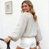 Women Puff Long Sleeve Crew Neck Spring Fall Tops Fashion Dot Print Casual Loose Fit Flowy Blouse