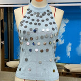 Solid Color Halter Neck Vest for Women Summer Sleeveless Open Back Slim Fit Shiny Sequins Tank Tops Party Going Out Tops