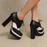 Bright Patent Leather Patchwork White PU Lace Up High Heels with Breathable Lining, Wavy and Serrated Patterns, Sweet Pumps