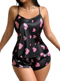 2PCS Women's Heart Print Sleepwear Set Round neck Cami Top and Shorts Summer Nightwear Loungewear for Home