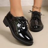 Pink Patent Leather Oxford Shoes Women Fashion Lace Up Pointed Toe Med Heel Pumps Woman Plus Size 43 Thick Heels Office Shoes