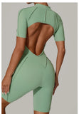 Summer Zipper Workout Jumpsuit Sports Overalls Women Running Fitness Short Sleeve Yoga Bodysuit