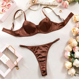2 Pcs Sexy Bra Set Women Underwear Underwire Push Up Satin Patchwork Bras and Thongs Suits Attractive Bilizna Intimate Set