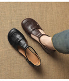 French Slip-on Single Shoes Retro British Shoes for Women Brown T-Strap Shallow Flat Sandals Soft Leather Rome  Summer New 32-43