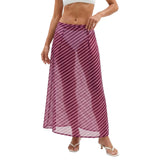Women Summer Long Chiffon Skirts Stripe Print Sheer Mesh A-Line Skirt for Beach Vacation Streetwear