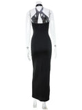 Ahagaga Sexy Halter Women's Maxi Dresses Solid Hollow Out Sheath High Split Party Backless Elegant Tight Fitting Hip Hugging