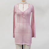V Neck Long Sleeve Hollow Out Crochet Knitted Tunic Beach Cover Up Cover-ups Beach Dress Beach Wear Beachwear Female Women V6081