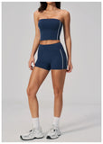 Summer Tight Yoga Suit Women Color Contrast Strapless Slim Sports Tank Top Shorts Fitness Suit Gym Running Workout Tracksuit