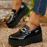 Black Chunky Wedges Loafers Shoes for Women Fashion Metal Chain Slip On Platform Shoes Woman Plus Size Patent Leather Shoes 43
