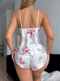 Ice Silk Stain Pajamas Set for Women 2-piece Set V-neck Floral Printed Halter Tops and Shorts Pyjamas Loungewear Sleepwear