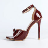 Elegant Pointed-toe Sandals in Wine Red with A Bow Design, High Heels, Versatile and Slip-on Style.