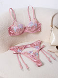 French Romantic Pink Satin Embroidered Lingerie Set Bra + Thong + Stockings Three-Piece Set