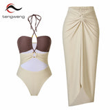 Cut Out One Piece Swimsuit with Skirt 2025 Women Hollowen Swimwear Monokini Patchwork Bodysuit Female Bathing Suit Beach Wear