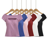 Korean Style Goddess Off-Shoulder Casual Elegant Sexy Hot Girl Top Women Hollow Out Short Sleeved Solid Color T-Shirt Charm 7O4B