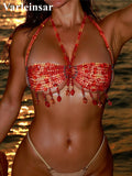Pearls Beads Halter See Through Bikini Top Female Swimsuit Women Swimwear Bather Bathing Suit Swim Hollow Out Beach Top V8224