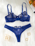 Blue Embroidered Floral Lingerie Set - Sexy Bra And G-string Combo with Heart Decoration Underwear Set for Women ZA824026