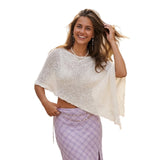 Women Loose See Through Boat Neck Off Shoulder Asymmetrical Crop Coverup Tops Spring Summer Holiday Beach Knitted Poncho