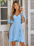 Summer Dress Women'S Fashion V Neck Short Flared Sleeved Wedding Guest Dresses Smocked Elastic Waisted Tiered Belted Ruffle Hem