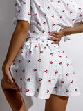 Ladies Pajama Set Two Piece Heart Pattern Loungewear Short Sleeve Loose Fit Top with Elastic Waist Shorts Breathable Home Wear