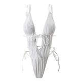 Sexy Backless One Piece Swimsuit Woman 2026 String Texture Swimwear Hollow Out Monokini High Cut Bathing Suit Deep V Neck Bather