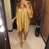 Sexy Fringe Tassel Mesh Sheer Shiny Knitted Tunic Beach Cover Up Cover-ups Beach Dress Beach Wear Beachwear Female Women V3321