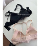 Elegant French Halter Neck Bra Set, Lace Wireless Bralette for Small Bust, Push Up Sensual Underwear Bralette & Panty MOYISU Bra